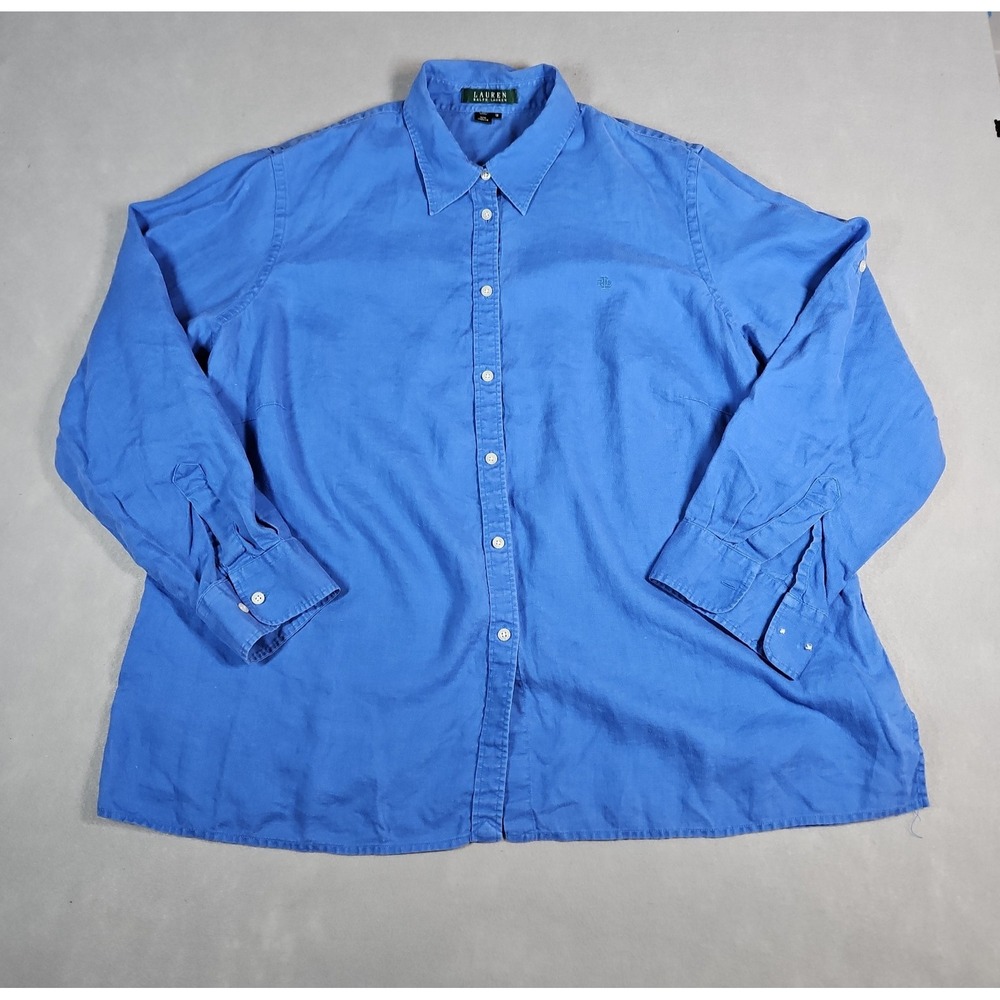 Lauren Ralph Lauren Womens Blue Linen Button Up Long Sleeve Shirt Size 1X